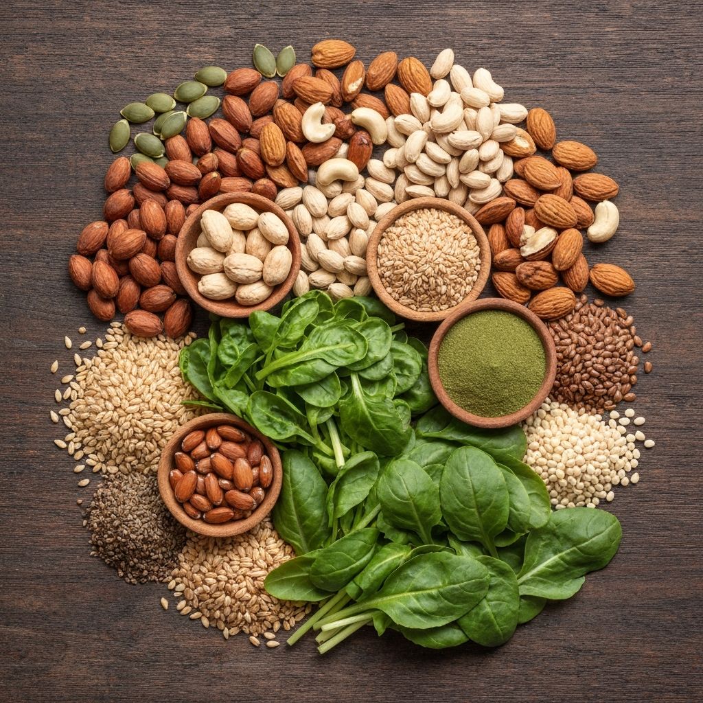 Mineral-rich foods including nuts, seeds, and vegetables