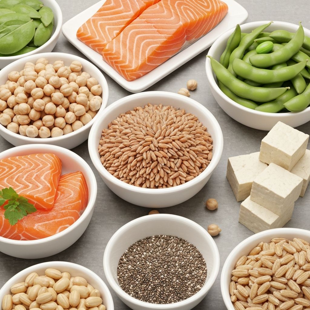 Diverse protein sources including fish, eggs, legumes and nuts